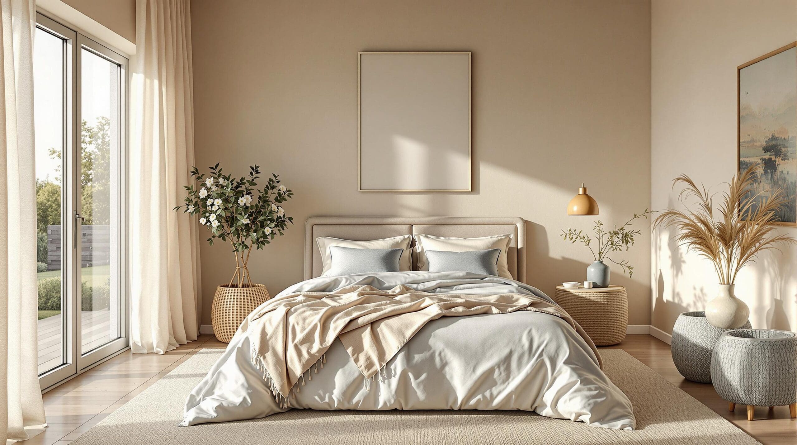 Een lichte en luchtige slaapkamer met een open raam waar de zonnestralen speels binnenvallen.