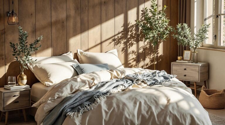 Een luxe, duurzaam dekbedovertrek van biologisch katoen satijn in een serene slaapkamer bij ochtendlicht, met diepblauwe kussens en een houten vloer.