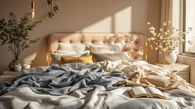 Een luxueus bed in een warme slaapkamer met glanzend diepblauw katoensatijnen beddengoed en gouden accenten