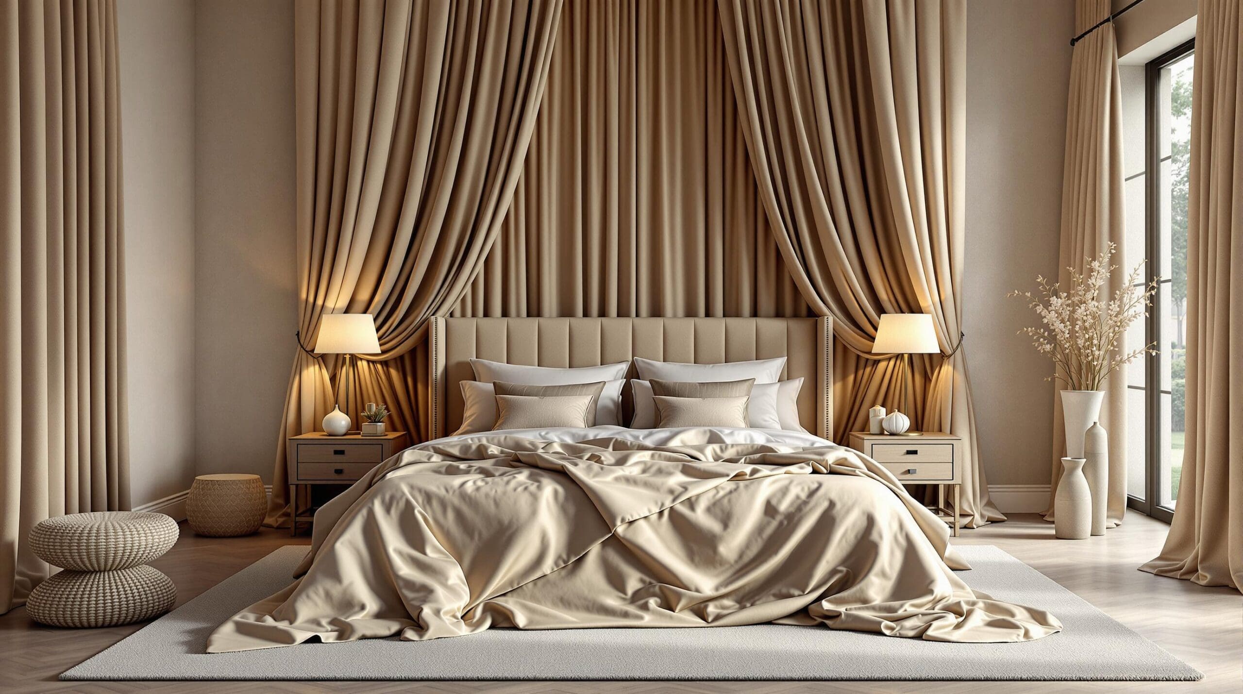 Een luxueuze slaapkamer setting met een dekbedovertrek van hoogwaardig katoen-satijn.