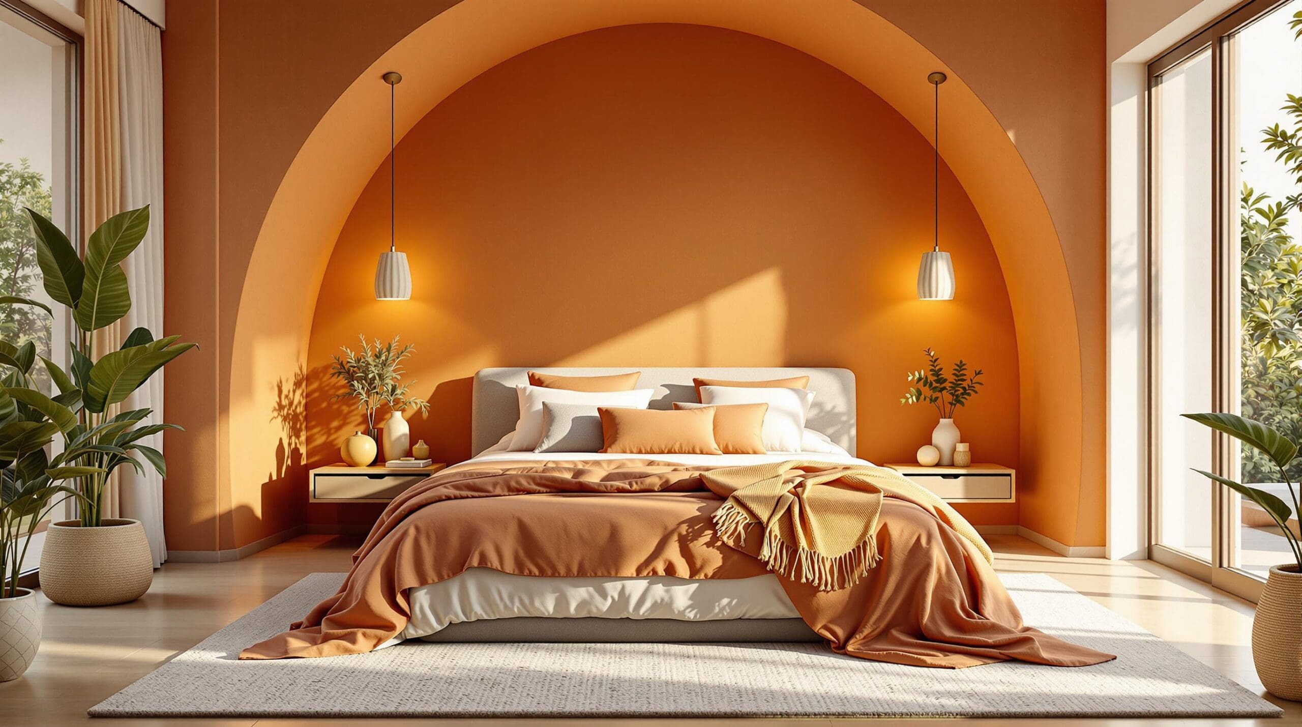 Een prachtig bed staat centraal in een sfeervolle slaapkamer, omringd door warm gouden ochtendlicht. Het beddengoed in zachte terracotta tinten vangt het zonlicht op natuurlijke wijze.