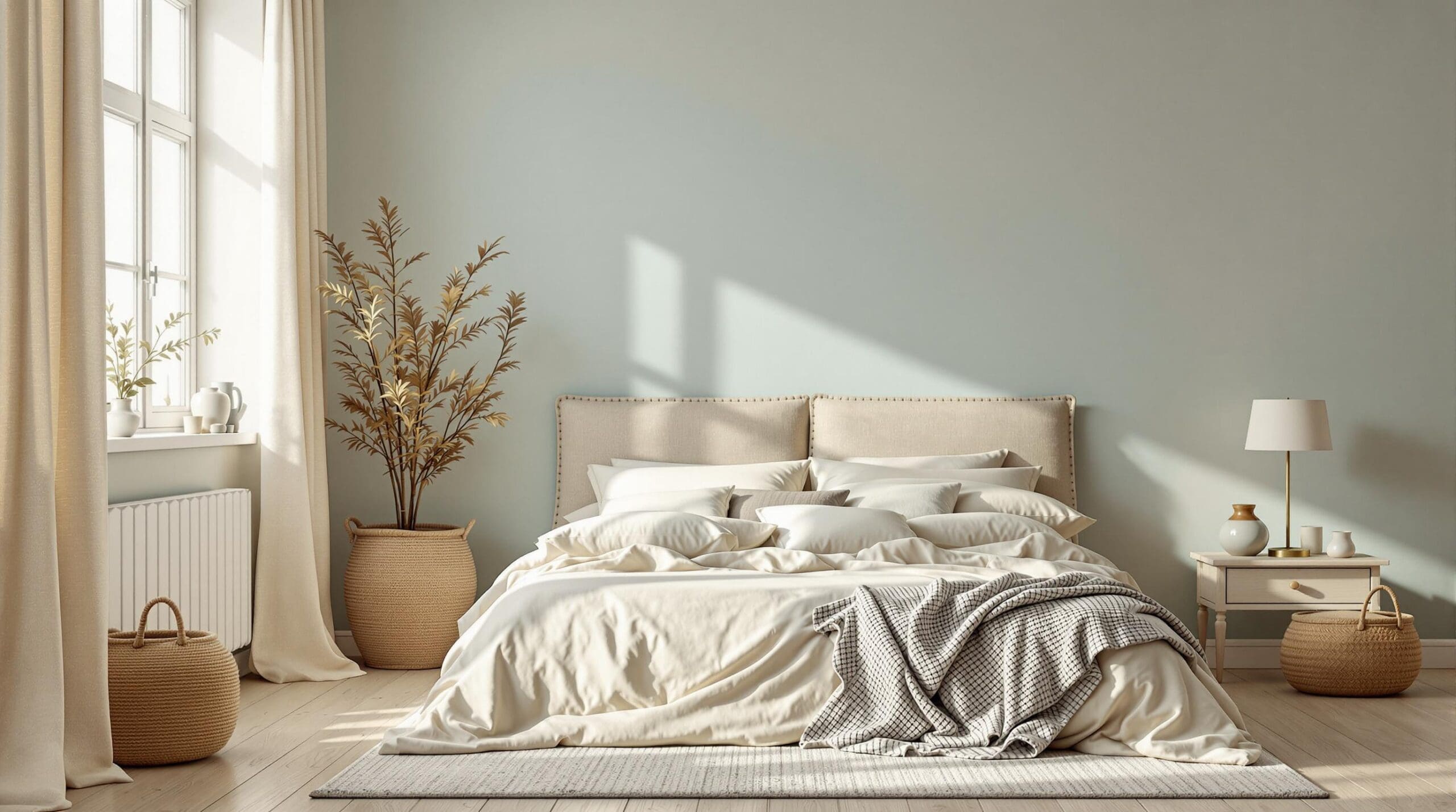 Een rustige slaapkamer in warme tinten met ochtendlicht dat door linnen gordijnen valt en een satijnen dekbedovertrek verlicht.