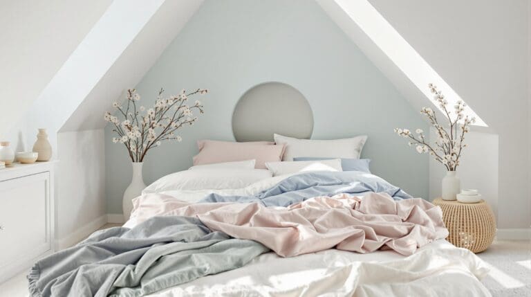 Een serene en luchtige slaapkamer waarin zachte ochtendlicht door de lichte gordijnen valt. Op een smaakvol opgemaakt bed liggen luchtige katoenen en linnen dekens in gebroken wit en zachtblauw, omringd door pastelgekleurde kussens in poederroze en mintgroen. Een rotan stoel in de hoek compleet met een klein stapeltje boeken voegt warmte toe aan de ruimte. Verdere details zijn een linnen plaid en verse bloemen in een heldere vaas. De ambiance straalt rust en luxe uit, met een super realistische uitstraling die uitnodigt tot ontspanning en refreshment.