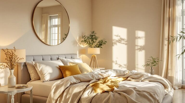 Een serene slaapkamer die baadt in een zacht gouden ochtendlicht, met lichte muren en stijlvolle, luchtige meubels