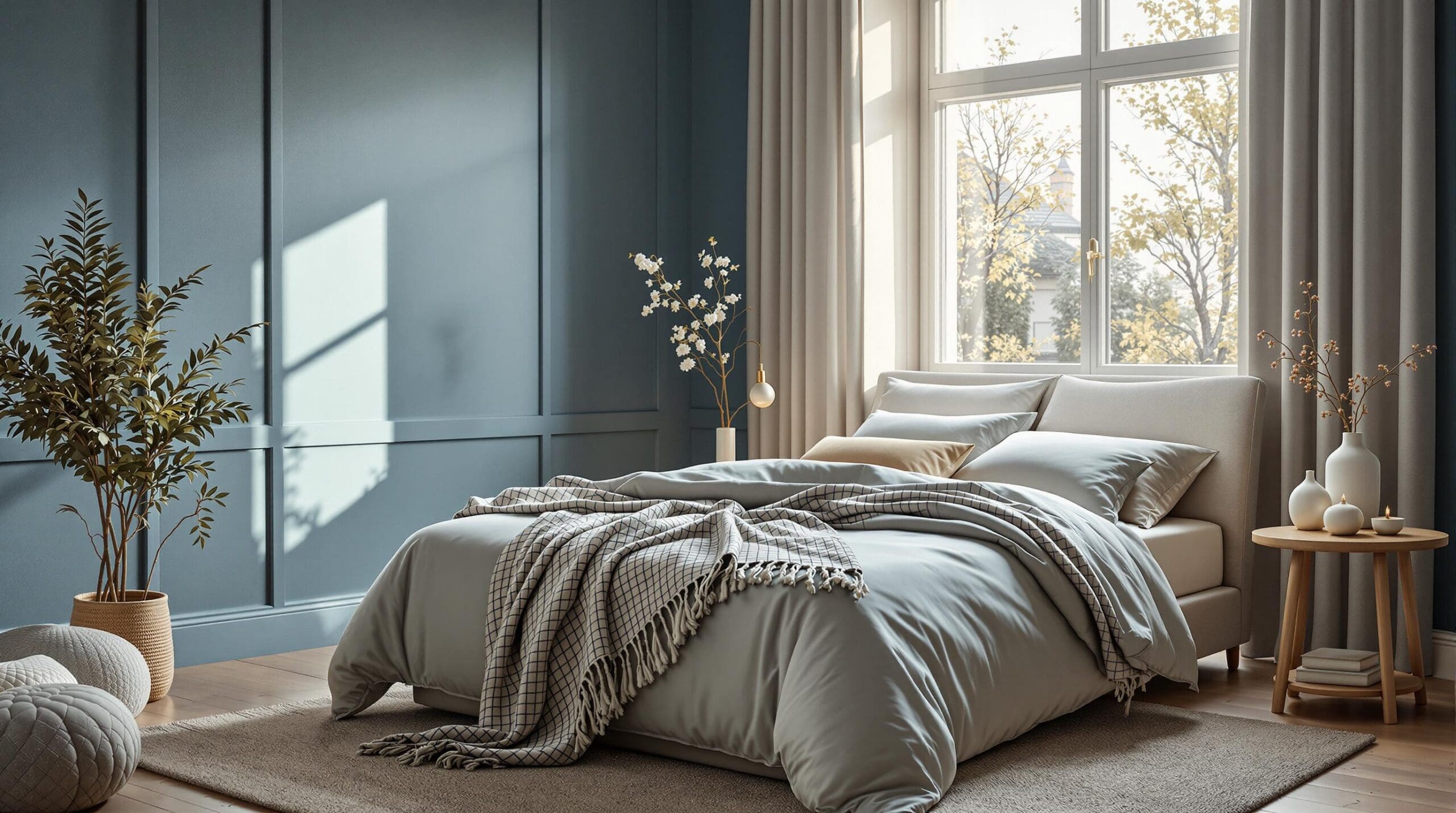 Een serene slaapkamer met een prachtig bed dat is opgemaakt met luxe beddengoed in zandkleur en diep nachtblauw satijn.