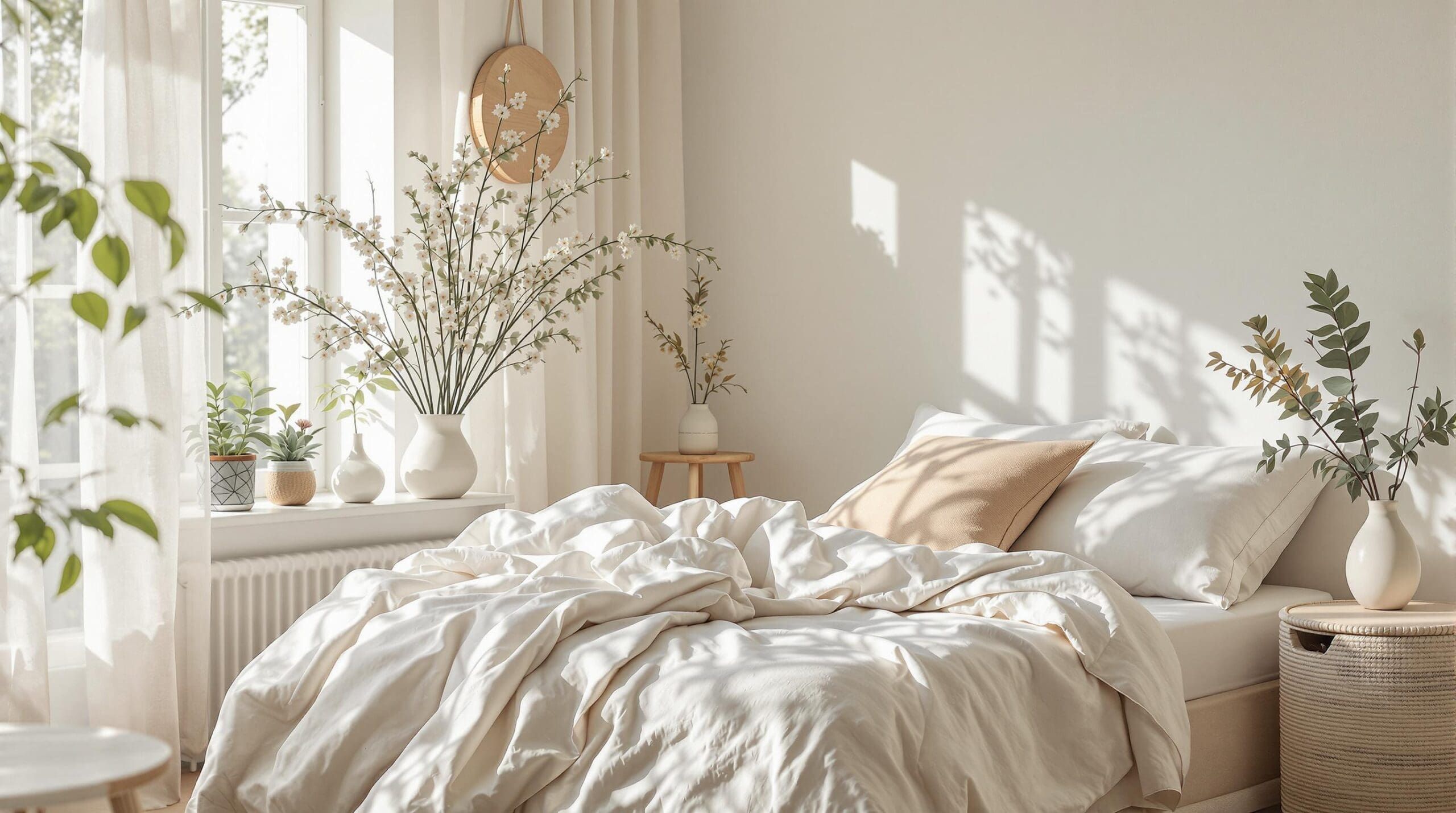 Een serene slaapkamer met lichtgebroken linnengoed en natuurlijke elementen in zachte zomertinten.