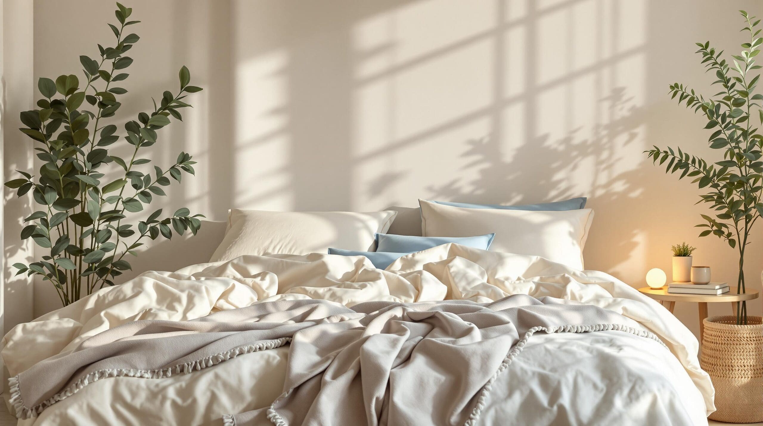 Een serene slaapkamer met linnen gordijnen, percale katoenen lakens en natuurlijke kleuren.