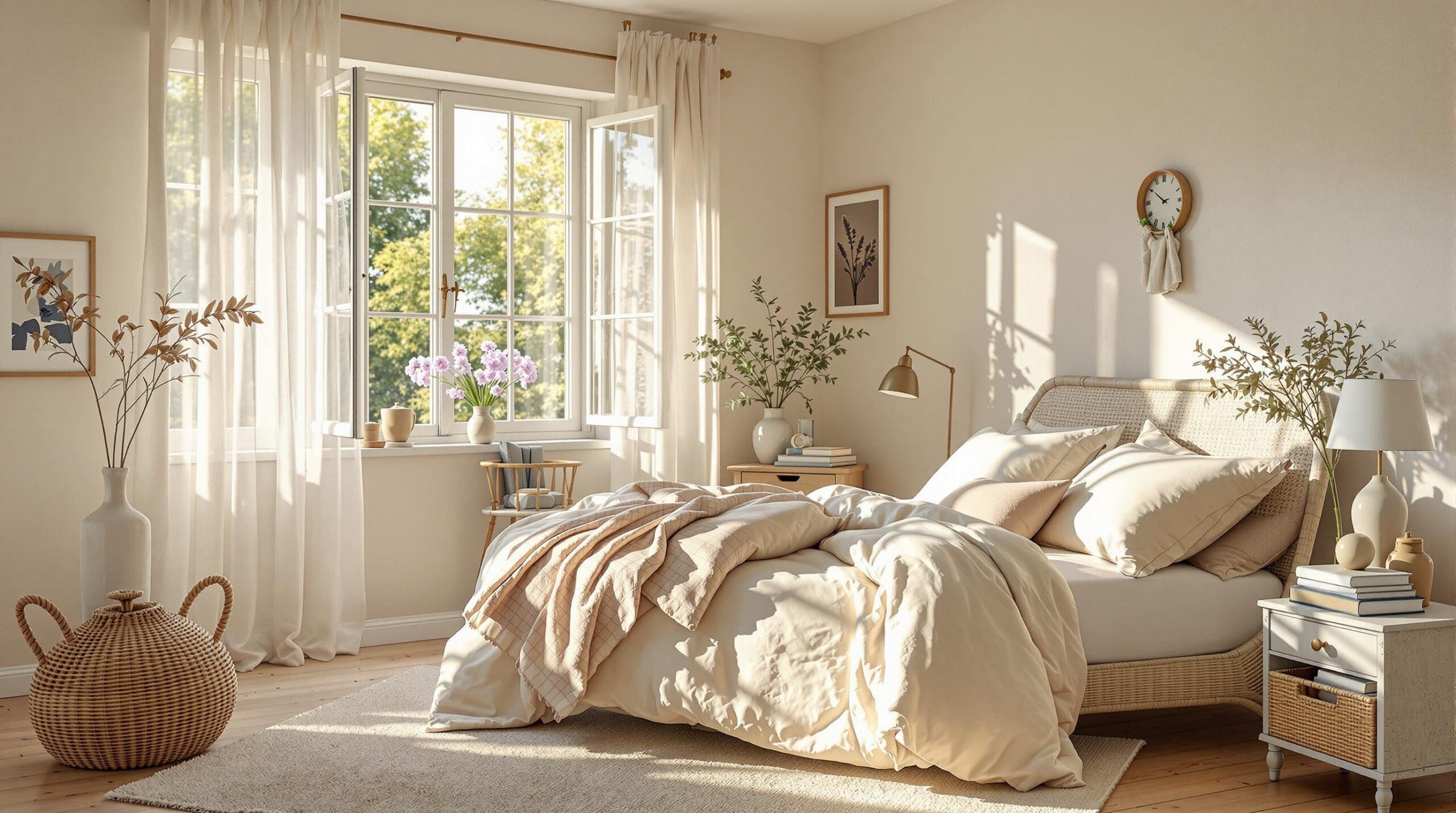 Een serene slaapkamer met zomers licht, opgemaakt bed in katoensatijn met lavendel en gebroken wit