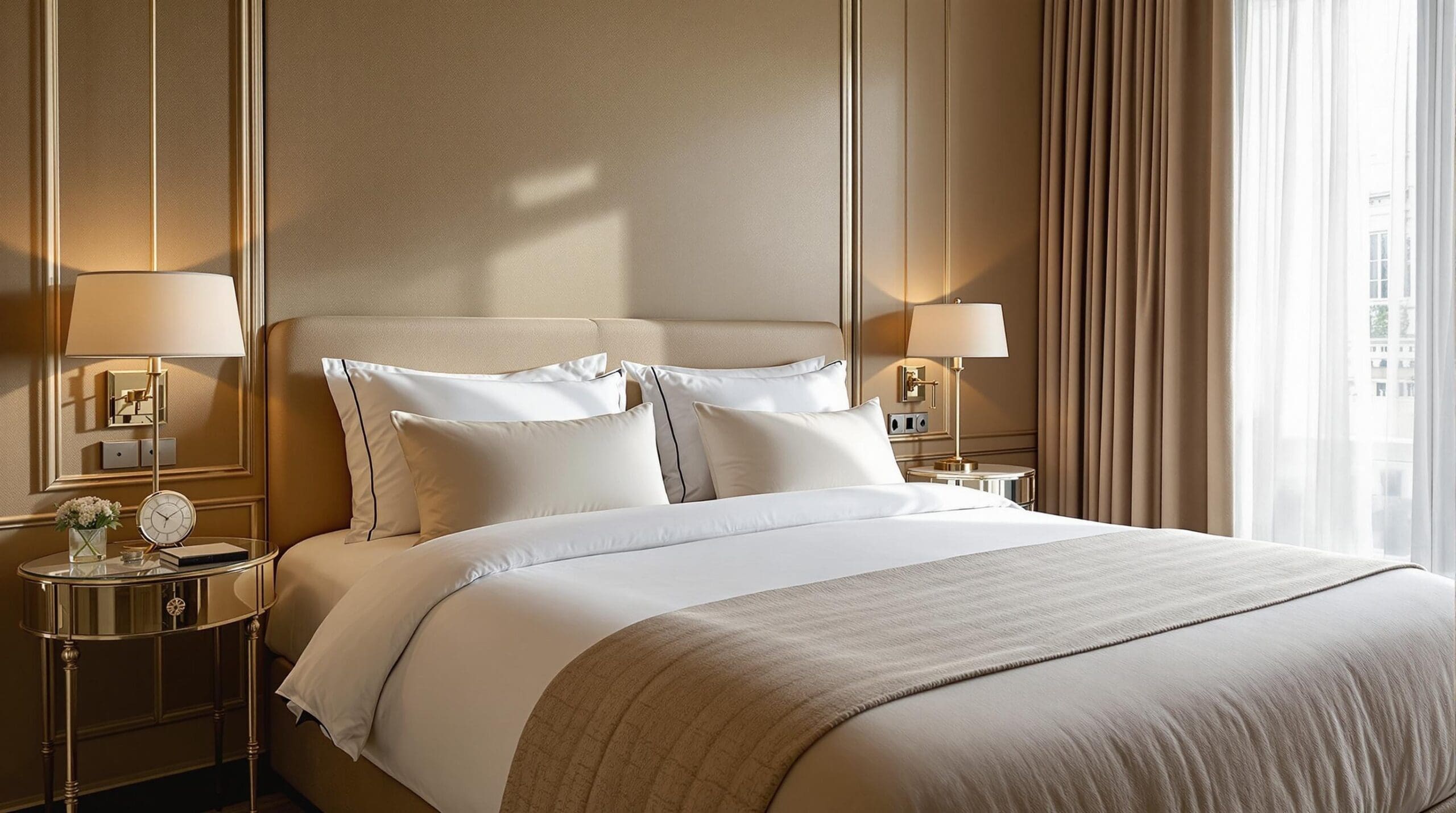 Een sfeervol en luxe beddengedeelte in een elegant boutiquehotel in Parijs