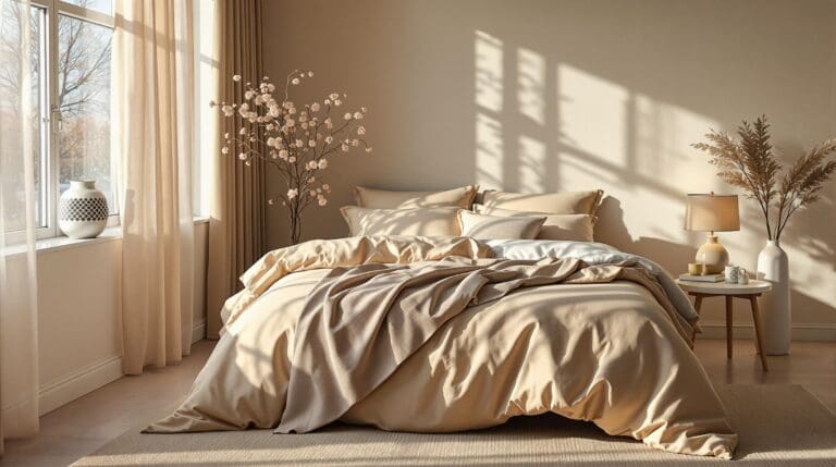 Een sfeervolle slaapkamer met een luxe uitstraling, gericht op een opgemaakt bed met een dekbedovertrek van katoensatijn in een warme crème kleur.