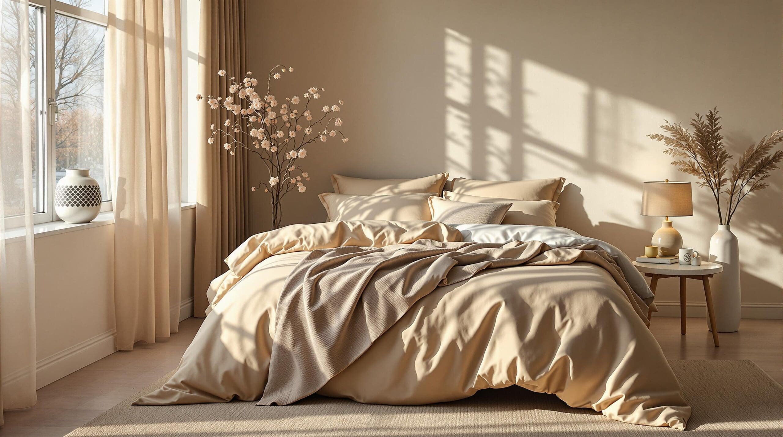 Een sfeervolle slaapkamer met een luxe uitstraling, gericht op een opgemaakt bed met een dekbedovertrek van katoensatijn in een warme crème kleur.