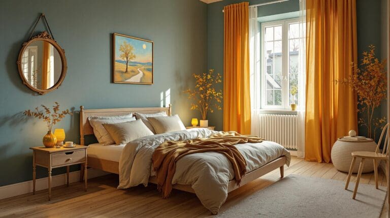 Een slaapkamer geïnspireerd door Van Gogh, met oranje beddengoed, blauwe muren en houten vloer.