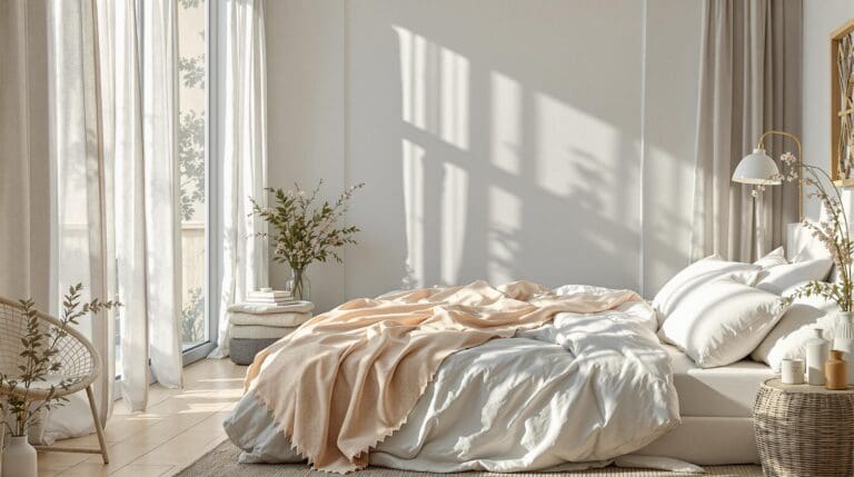 Een slaapkamer gevuld met zomerse rust en elegantie, met een lichtblauw katoenpercal dekbedovertrek, linnen gordijnen en veldbloemen op een nachtkastje.