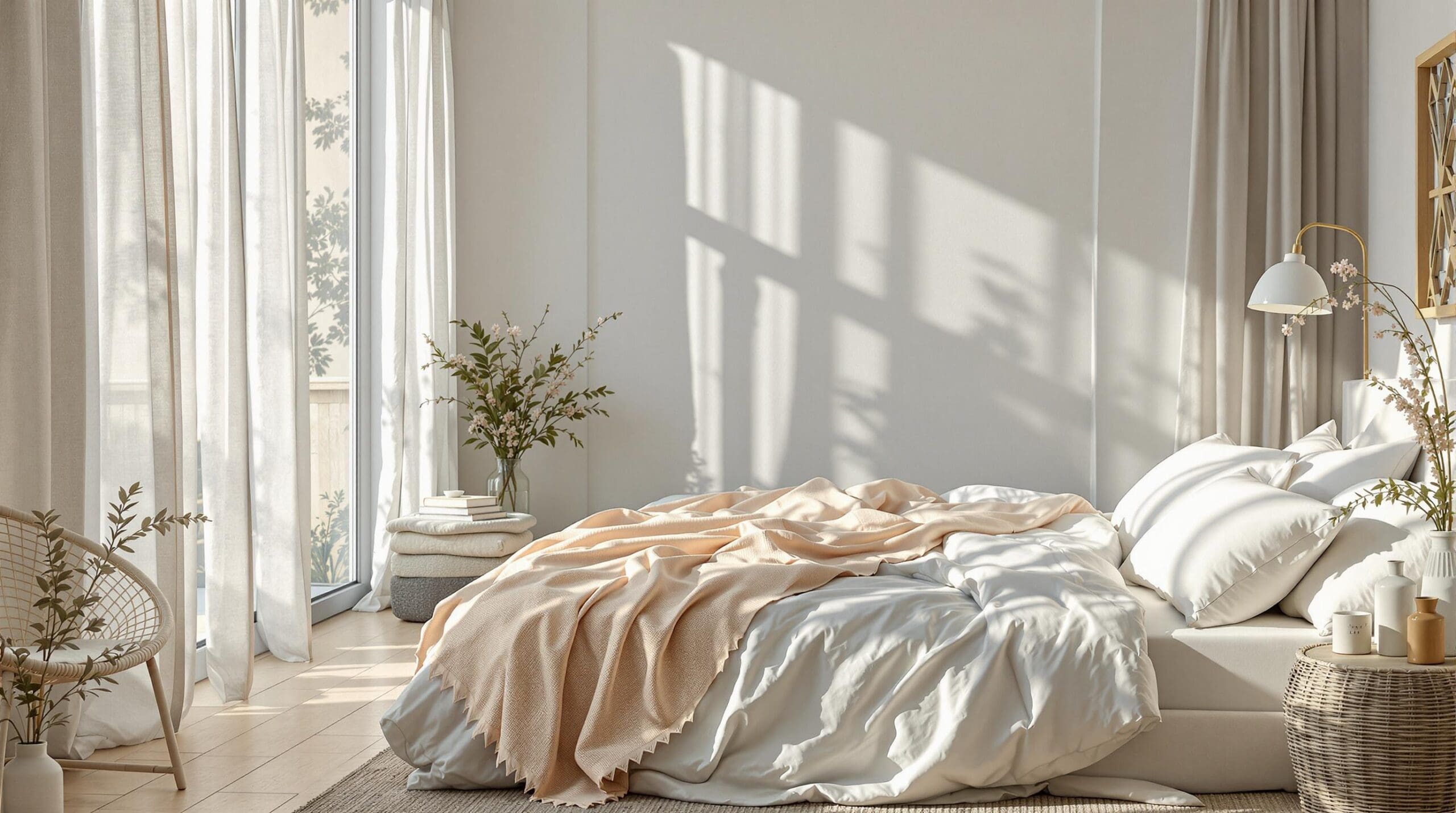 Een slaapkamer gevuld met zomerse rust en elegantie, met een lichtblauw katoenpercal dekbedovertrek, linnen gordijnen en veldbloemen op een nachtkastje.