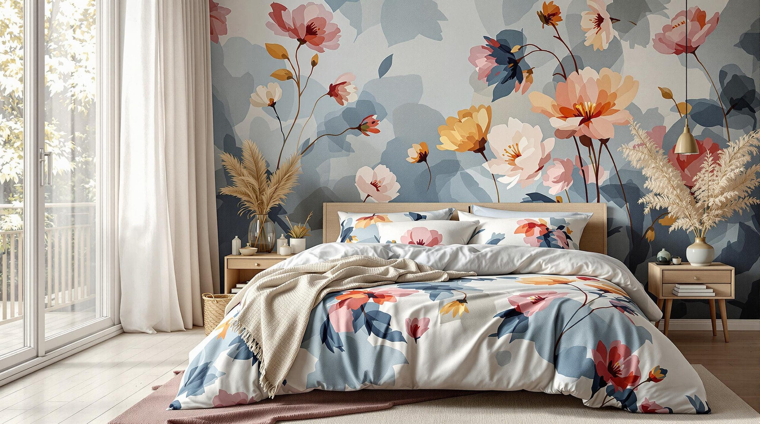 Een warme slaapkamer met een zacht dekbedovertrek in een impressionistisch bloemenpatroon dat de kleuren van een zwoele zomeravond vangt.
