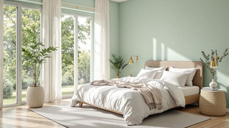 Een zomerslaapkamer met grote ramen, lichte stoffen en luxe wit katoen-perkal beddengoed