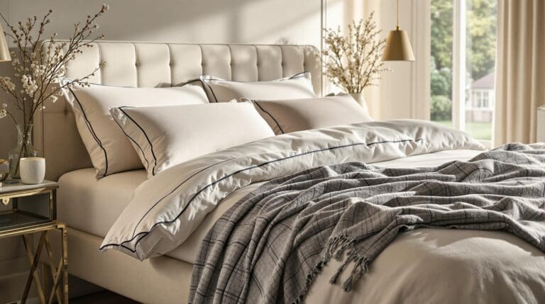 In een sfeervolle slaapkamer met warm, natuurlijk licht ligt een prachtig opgemaakt bed met het Hotel Line Brata beddengoed van Droomtextiel.