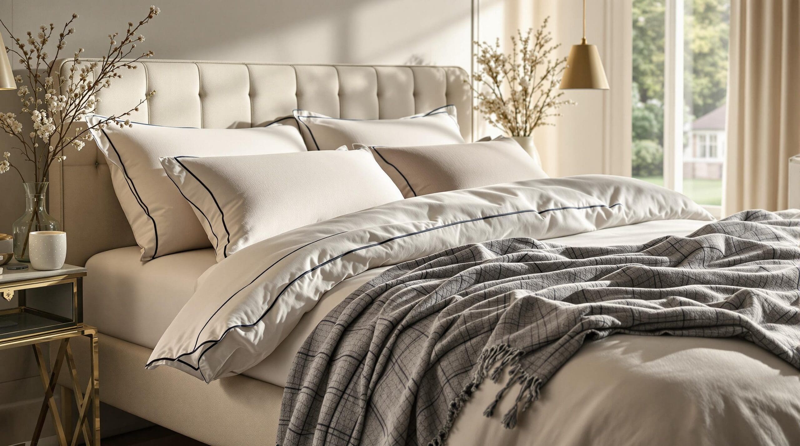 In een sfeervolle slaapkamer met warm, natuurlijk licht ligt een prachtig opgemaakt bed met het Hotel Line Brata beddengoed van Droomtextiel.