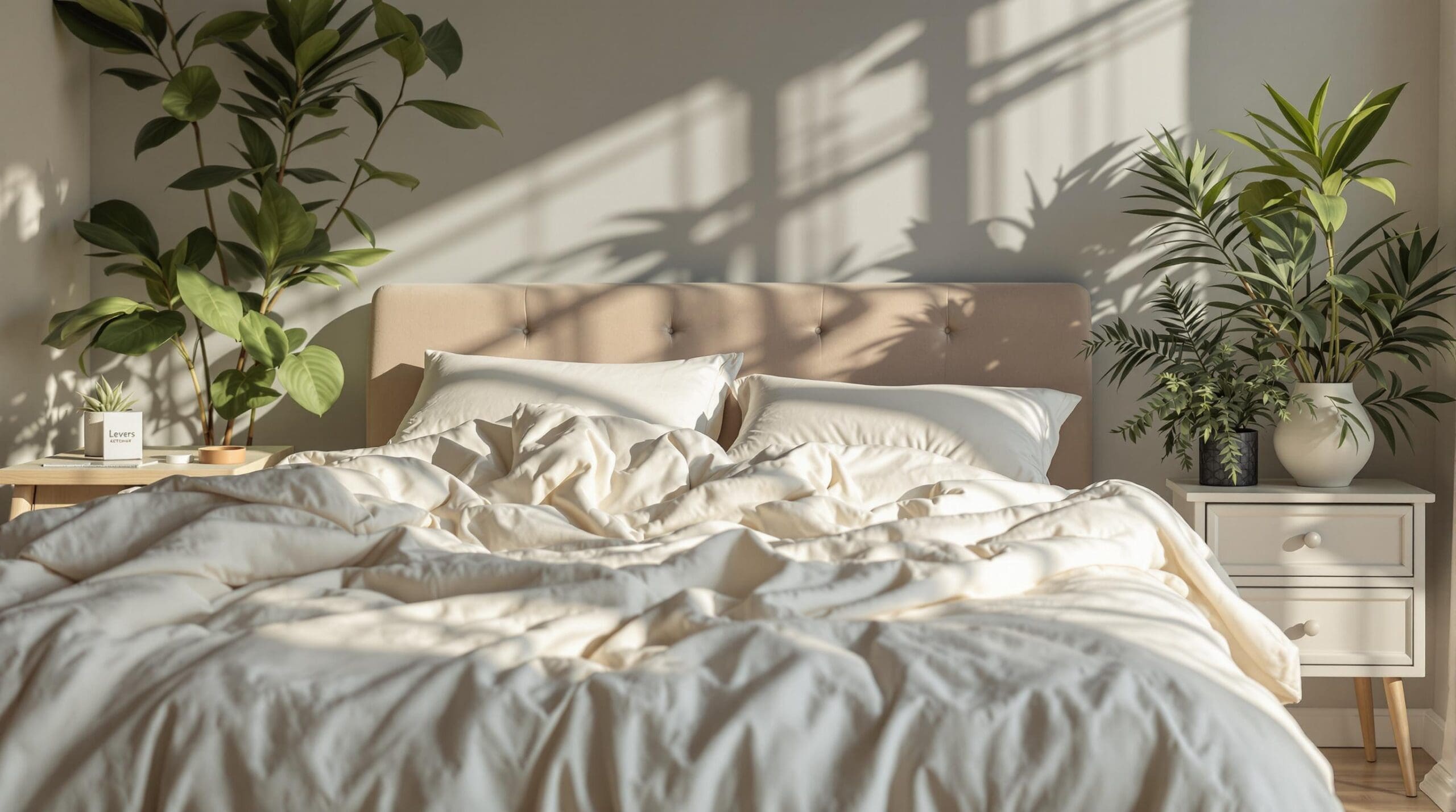 Luxe slaapkamer met duurzaam dekbedovertrek van biologisch katoen in crème en diepblauw, met keurmerkkaartje op nachtkastje.