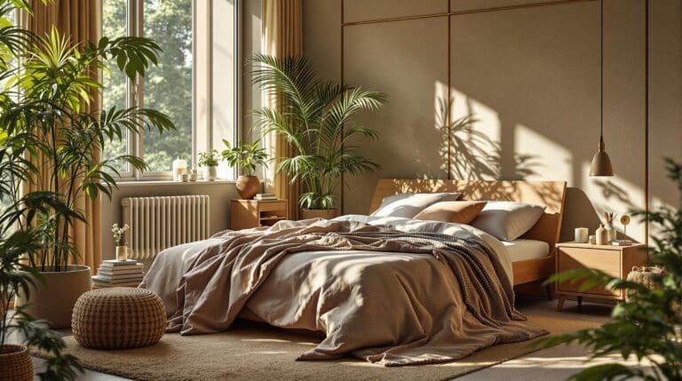 Serene slaapkamer met biologisch katoenen dekbedovertrek in aardetinten en omringd door planten