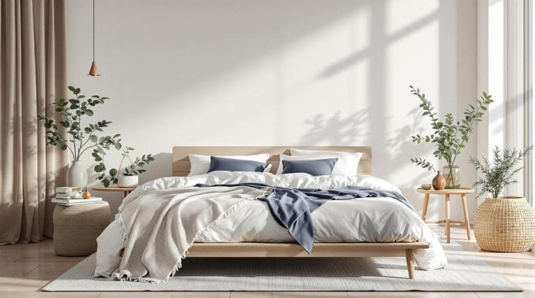 Sfeervolle slaapkamer op een zwoele zomeravond met licht ademend beddengoed in minimalistische stijl