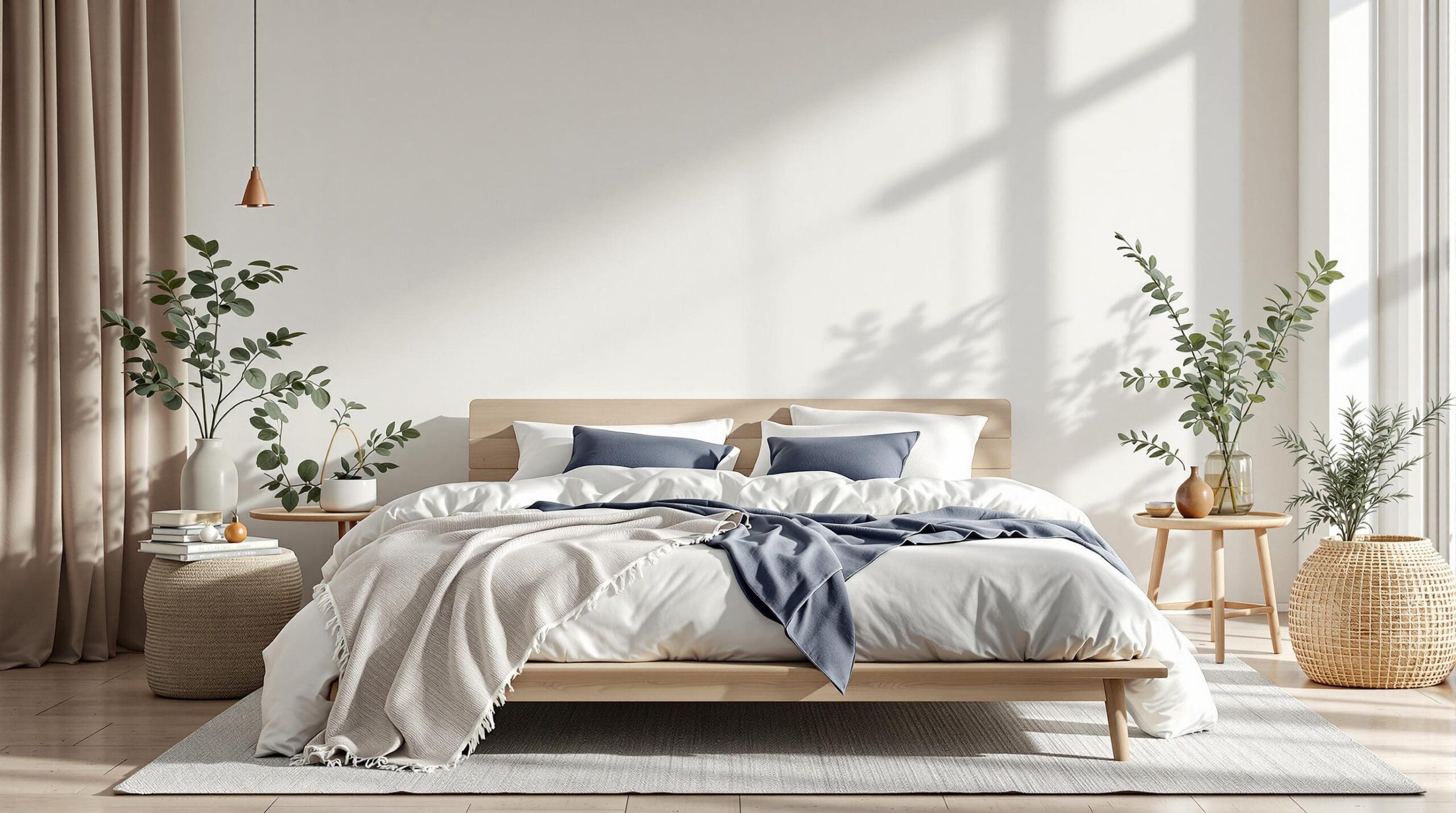 Sfeervolle slaapkamer op een zwoele zomeravond met licht ademend beddengoed in minimalistische stijl