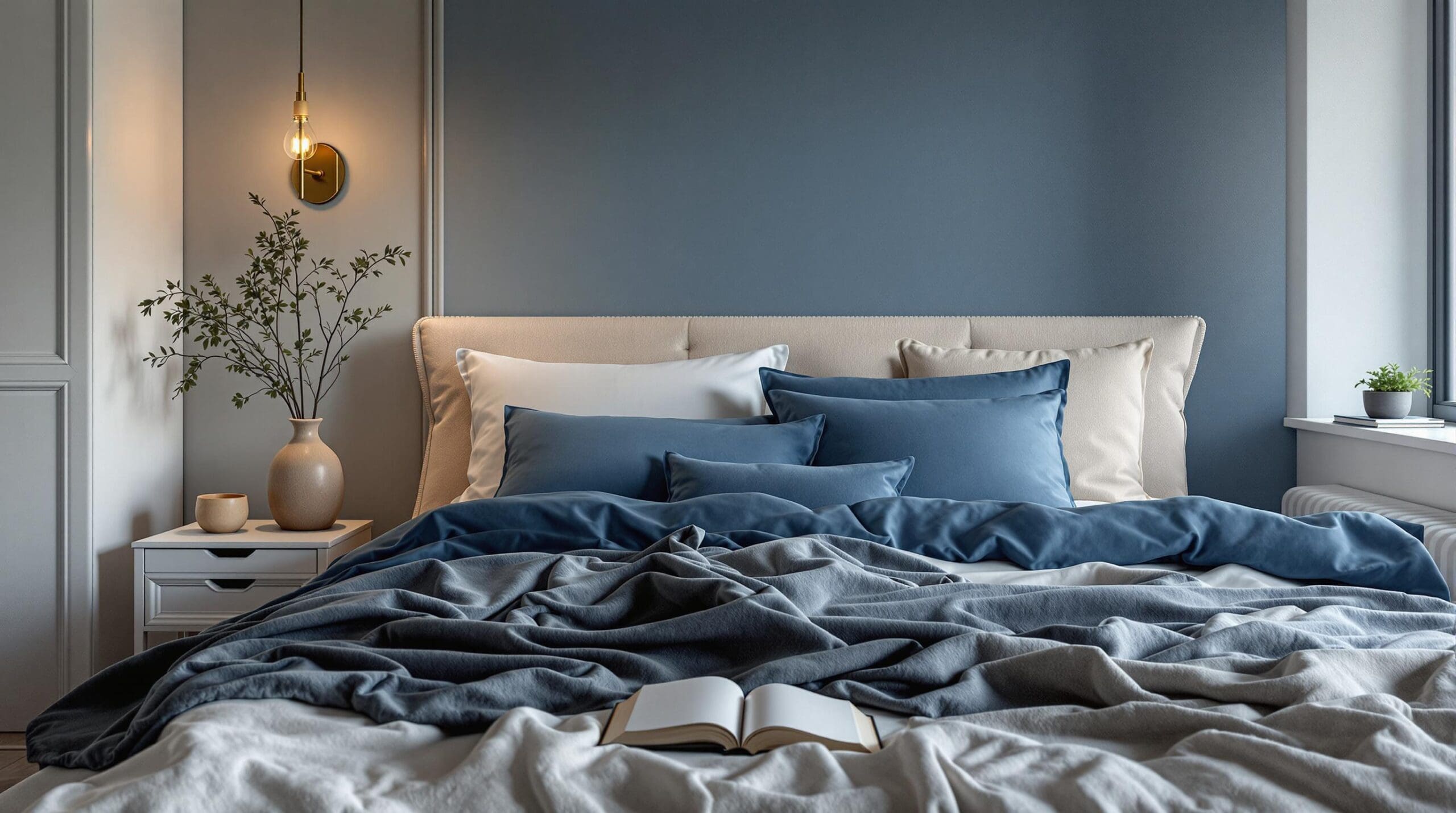Slaapkamer met zijdezacht, luxe dekbedovertrek in rustgevende kleuren als crème en marineblauw. Gelaagd beddengoed en warme verlichting compleet met geurige diffuser op nachtkastje.