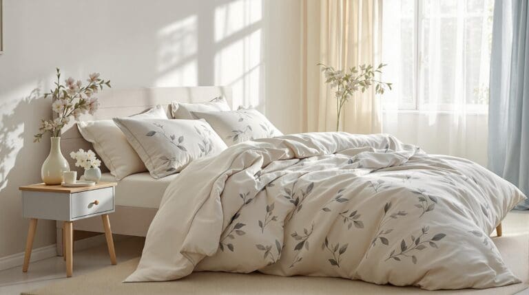 Zomers opgemaakt bed in lichte tinten, met botanische prints en linnen sprei