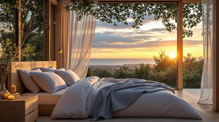 Zomerse slaapkamer met lichte dekbedovertrekken in zachte tinten, rustgevende inrichting en open raam.