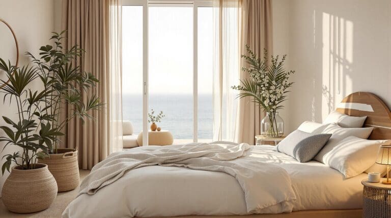 Zomerslaapkamer met wit beddengoed, lichte linnen gordijnen en groene planten