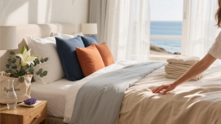 Boutique hotelbed opgemaakt met Papillon-katoen in ochtendlicht met percale en satijn gecombineerd