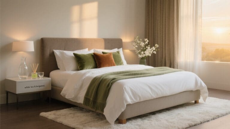 Hotel chic slaapkamer met luxe beddengoed in neutrale tinten en ochtendlicht