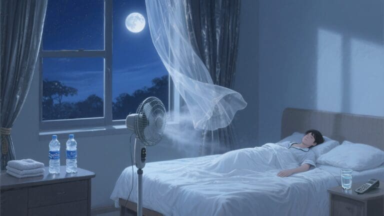 Middernachtelijke slaapkamer met open raam, ventilator, witte percale lakens en koele atmosfeer