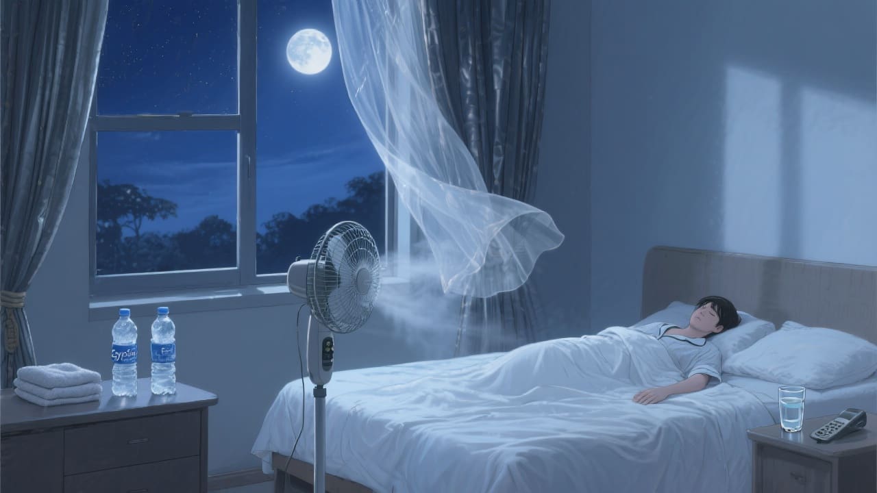 Middernachtelijke slaapkamer met open raam, ventilator, witte percale lakens en koele atmosfeer