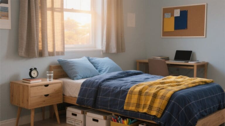 Modern ingerichte studentenkamer in ochtendlicht met navy percalen dekbedovertrek en okergele plaid