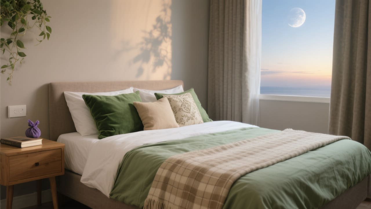 Restyled slaapkamer bij zonsopgang met bedtextiel in lagen zoals katoen-perkal, katoen-satijn en een waffle-weave plaid.