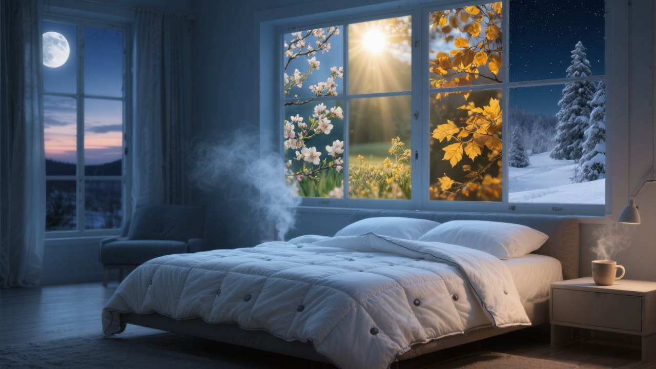 Scandinavische slaapkamer met vierseizoenen dekbed, gespreid over het bed in een serene ochtendsetting. Door het raam zie je symbolisch de vier seizoenen.