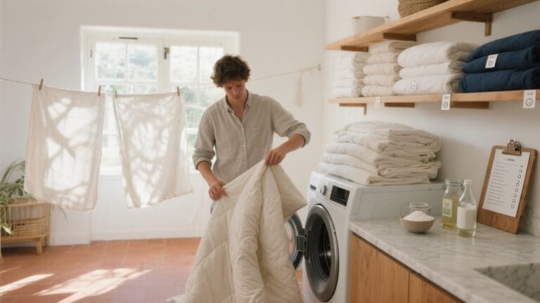Scandinavische wasruimte waarin een jongvolwassene een dekbedovertrek in een wasmachine stopt, omgeven door zorgvuldig gesorteerd beddengoed van katoen, satijn, linnen en bamboe.