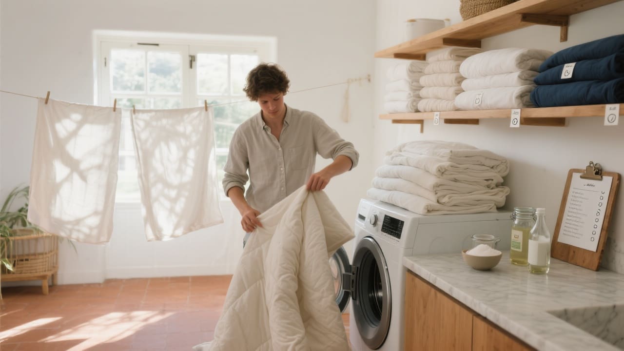 Scandinavische wasruimte waarin een jongvolwassene een dekbedovertrek in een wasmachine stopt, omgeven door zorgvuldig gesorteerd beddengoed van katoen, satijn, linnen en bamboe.