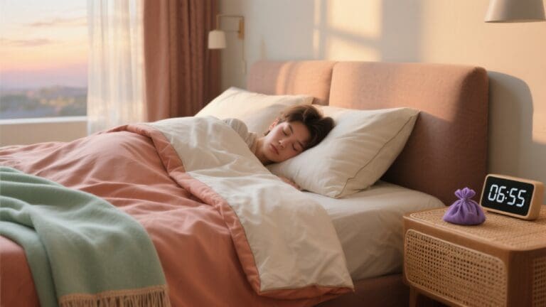 Soft dawn light fills a contemporary 2025 bedroom; a young adult, eyes still sleepy, nestles beneath a luxe duvet whose cover blends smooth cotton-sateen, airy percale and a hint of Tencel, each layer subtly visible at the folded edge.