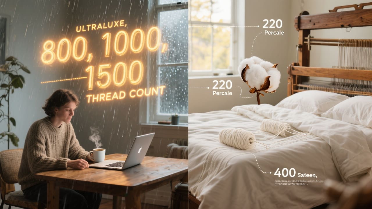 Split-screen illustratie van marketinghype versus echte lakenskwaliteit, met aan de linkerzijde knusse laptopshopmomenten en aan de rechterzijde een kalme setting met katoen en vakmanschap.