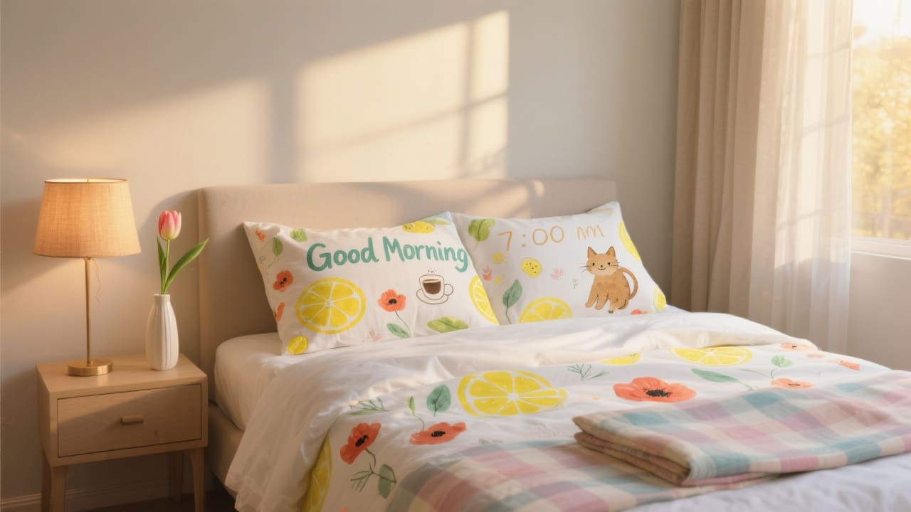 Vrolijk Good Morning dekbedovertrek in serene slaapkamer met zachte ochtendzon