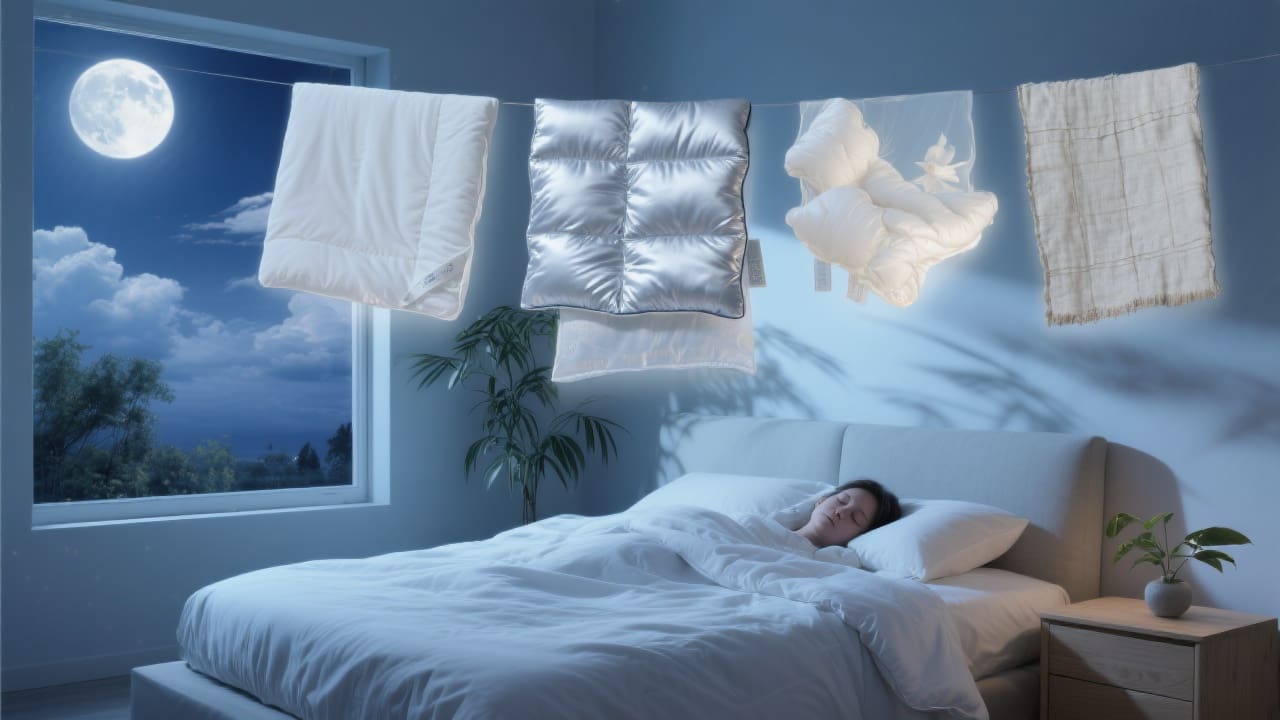 Zomernacht met vijf zwevende stoffen boven een bed – percale katoen, bamboe-zijde, ganzendons, microvezel en linnen-hennep – in een frisse slaapkamer onder maanlicht.