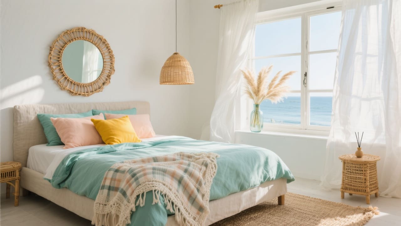 Zomerse slaapkamer met linnen gordijnen, percale beddengoed in zeegroen tinten, citroengeel linnen kussen, rotan spiegel, en geweven bamboelamp