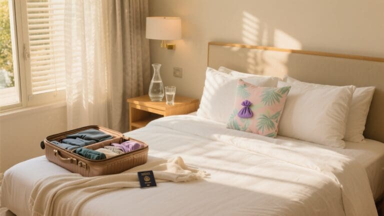 Zomerse slaapkamer met wit percale hoeslaken, katoen-satijnen dekbed in hotelvouw, tropisch bedtextiel en lavendel op kussen, naast open koffer en karaf op nachtkastje bij open raam.