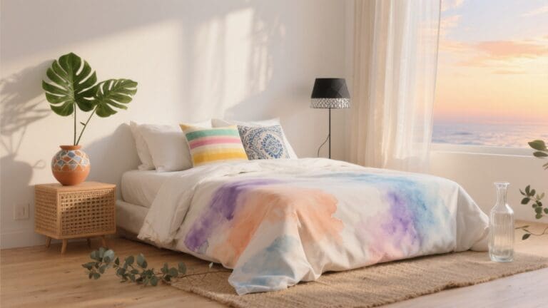 Zomerslaapkamer met Tencel dekbedovertrek met watercolor print, botanisch kussen, retro strepen en handgemaakte details in ochtendlicht.