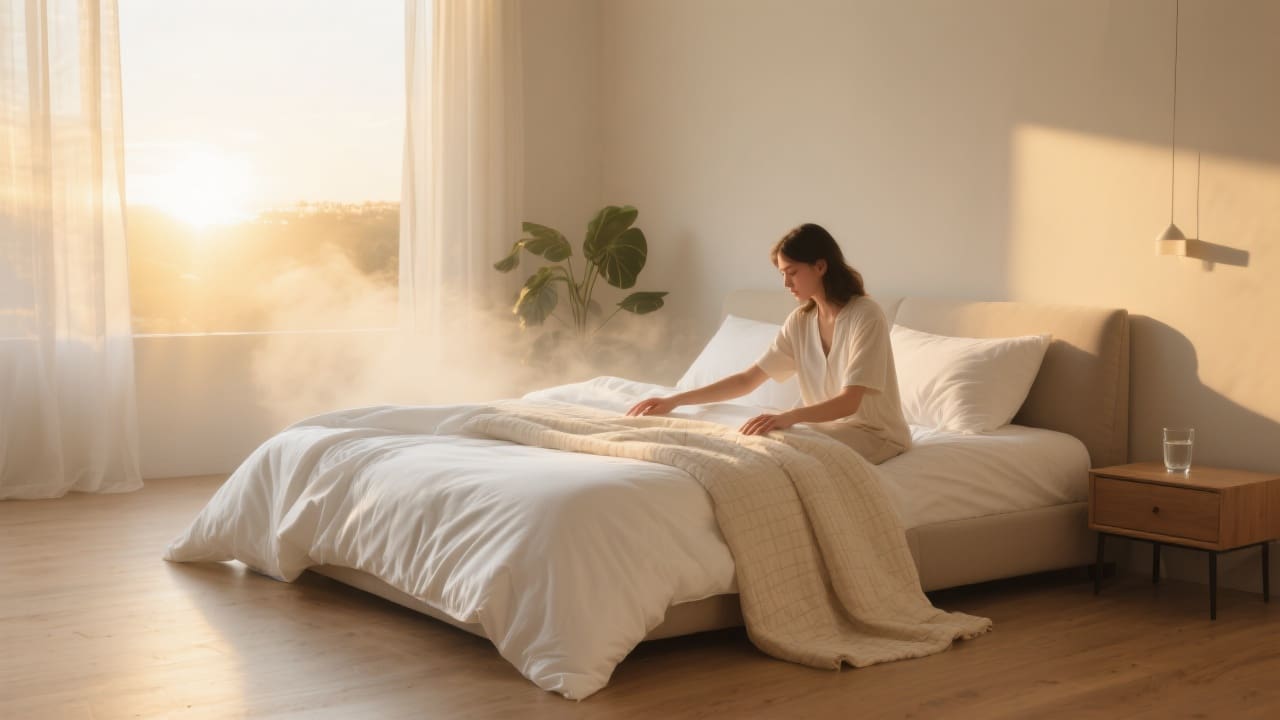 Zonovergoten slaapkamer bij zonsopgang met drie soorten luxe dekbedovertrekken op een modern Scandinavisch bed, en een jongvolwassene die de stoffen aanraakt.