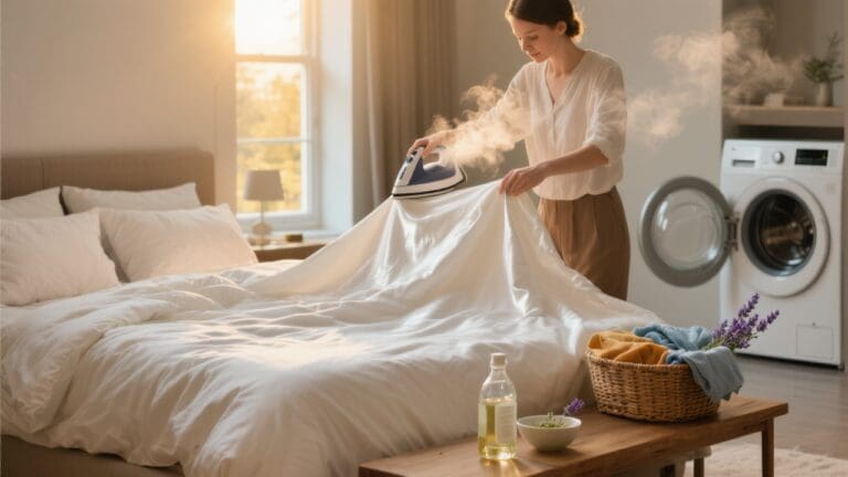 Golden-hour light pours through an open bedroom window, illuminating a neatly styled modern bed as someone gently shakes a freshly washed, inside-out satin duvet cover over a fluffy white comforter.