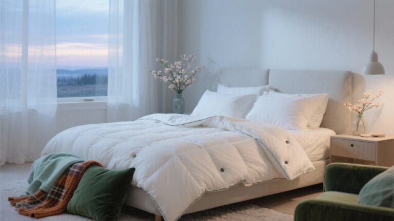 Lichte Scandinavische slaapkamer bij zonsopgang met vierseizoenen dekbed in twee lagen en styling geïnspireerd op de seizoenen