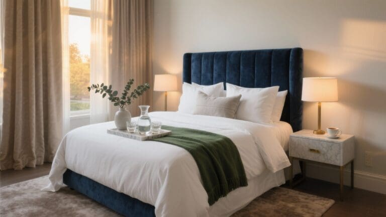 Luxe hotel-chique slaapkamer met percale beddengoed, velours hoofdbord en sfeerverlichting